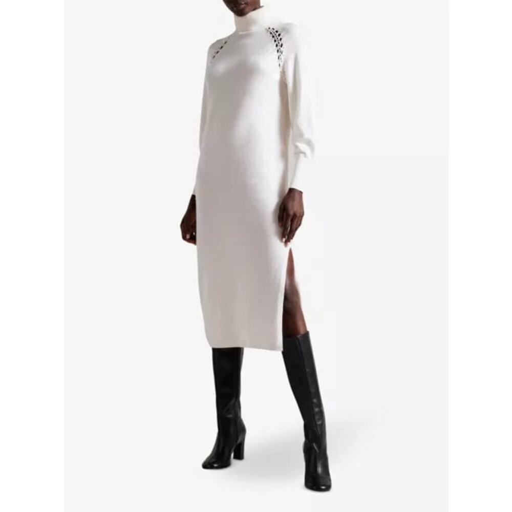 NWT Ted Baker Malorri Stitch-Insert Knitted Midi Dress White Womens Size 4/10